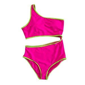 Yonique Womens One Shoulder Cutout High Waist Swimsuit Neon Pink Lime Green L